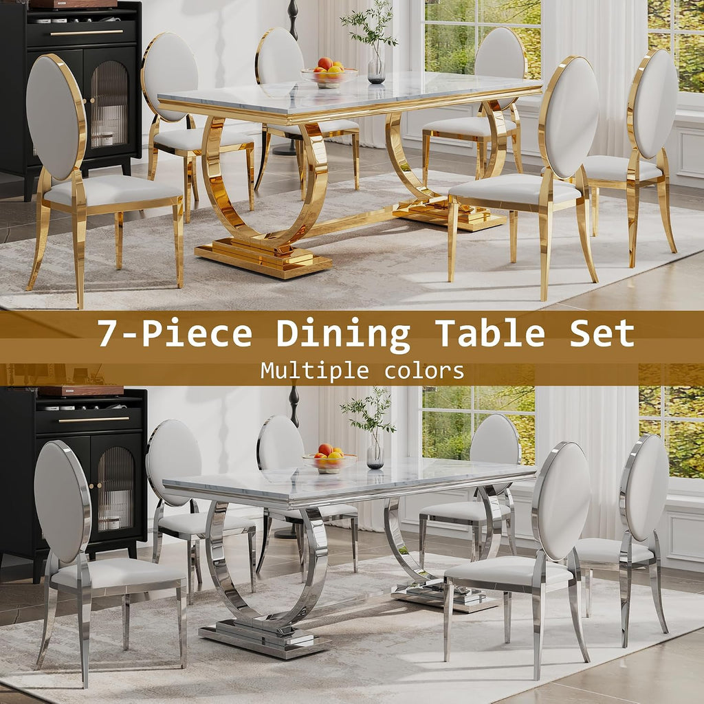 Luxury Marble Dining Table Set for 6 People, 70" Double O-Shaped Faux Marble Kitchen Table with 6 Round PU Leather Chairs, for Kitchen, Dining Room (1 White Table + 6 White Chairs)