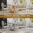 Luxury Marble Dining Table Set for 6 People, 70" Double O-Shaped Faux Marble Kitchen Table with 6 Round PU Leather Chairs, for Kitchen, Dining Room (1 White Table + 6 White Chairs)