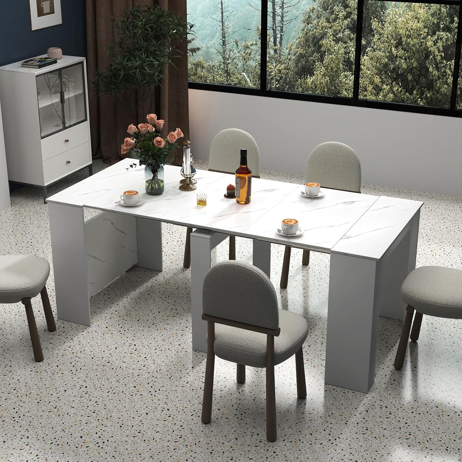 JOYSOURCE Extendable Dining Room Table for up to 12 People 20-119 inch Adjustable Large Extra Long Rectangular Space Saving Folding Dinner Table for Kitchen, Dining Room White Marble Finish