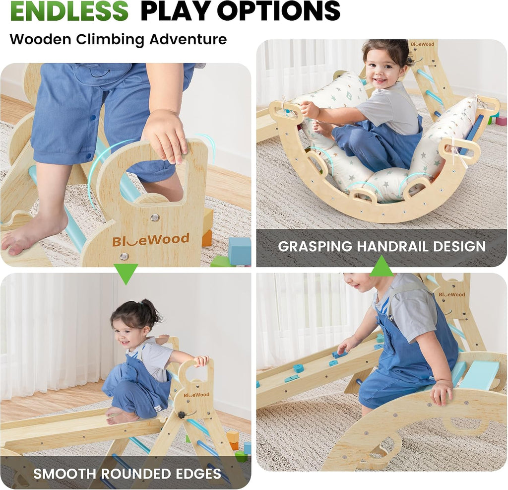 BlueWood Pikler Triangle Set Blue with Cushion and Wooden Busy Board