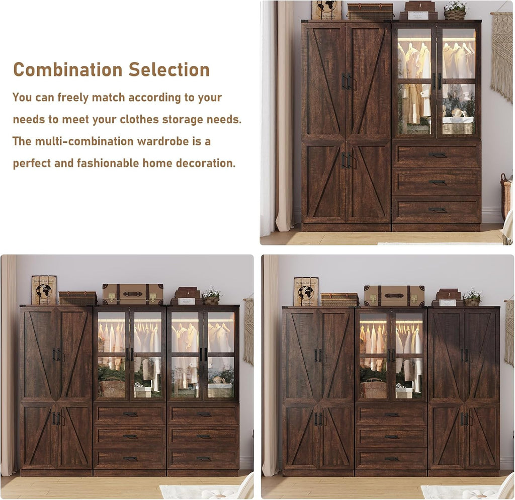 75" Tall Farmhouse 2 Doors Armoire Wardrobe Closet with 3 Drawers and LED,Freestanding Closet Wardrobe Cabinet for Bedroom with Hanging Rod,Wooden Armoire Storage Cabinet with Adjustable shelve(Brown)