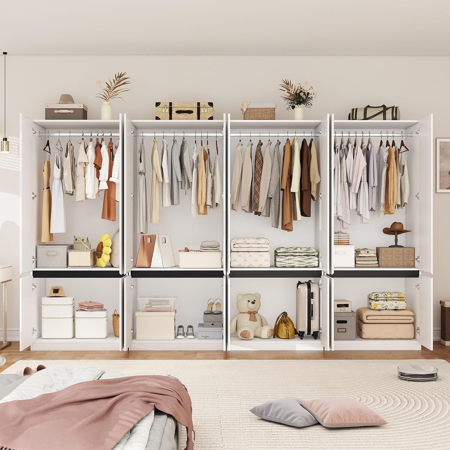 White Armoire Wardrobe Closet: 74" Wooden Wardrobe Closet with 8 Doors, Bedroom Armoires with Hanging Rod, Tall Closets Cabinet for Hanging Clothes (126")