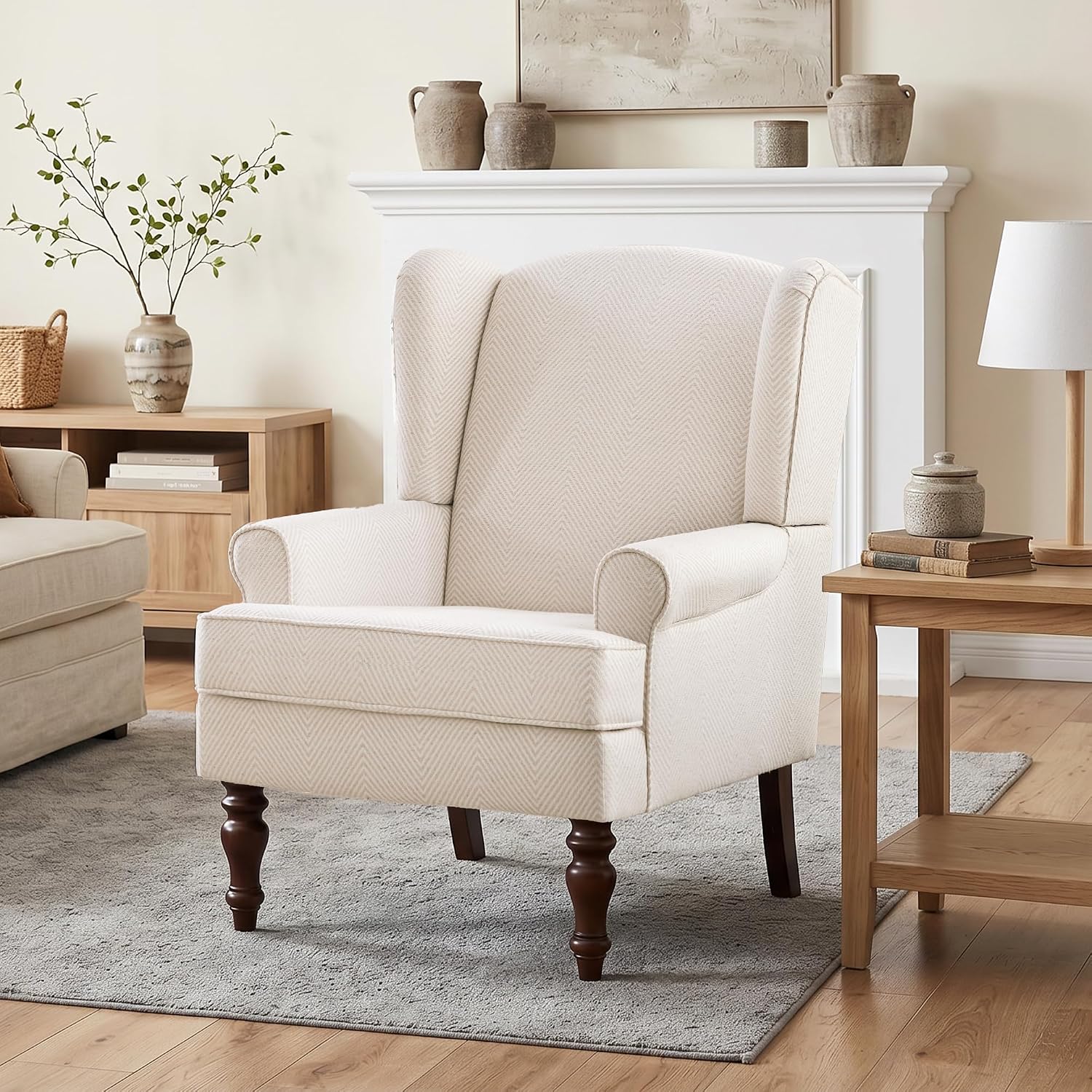 HUIMO Printed Wingback Accent Chair, Linen Upholstered High Back Armchair, Comfy Reading Chair for Living Room Bedroom Study, 300lbs Weight Capacity (1, Tan with Lines)