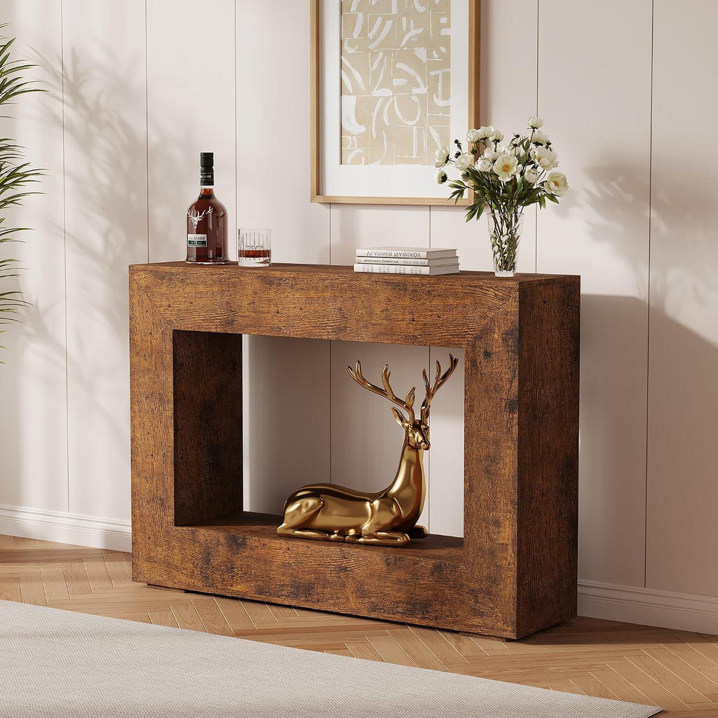 47" Farmhouse Console Table - Long Sofa Table Behind Couch, Wooden Entryway Table for Living Room, Hallway, Entrance, Rustic Rectangular Design, Brown