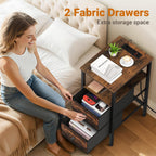 Lewondr End Table with Charging Station and LED Light, Narrow Side Table with 2 Fabric Drawers, Thin Nightstand with USB Ports for Bedside, Bedroom, Living Room, Small Spaces