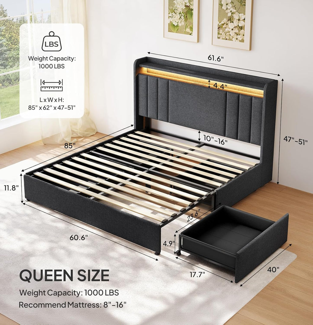 Queen Size Bed Frame with 4 Drawers, 51" Tall Storage Headboard, Grey