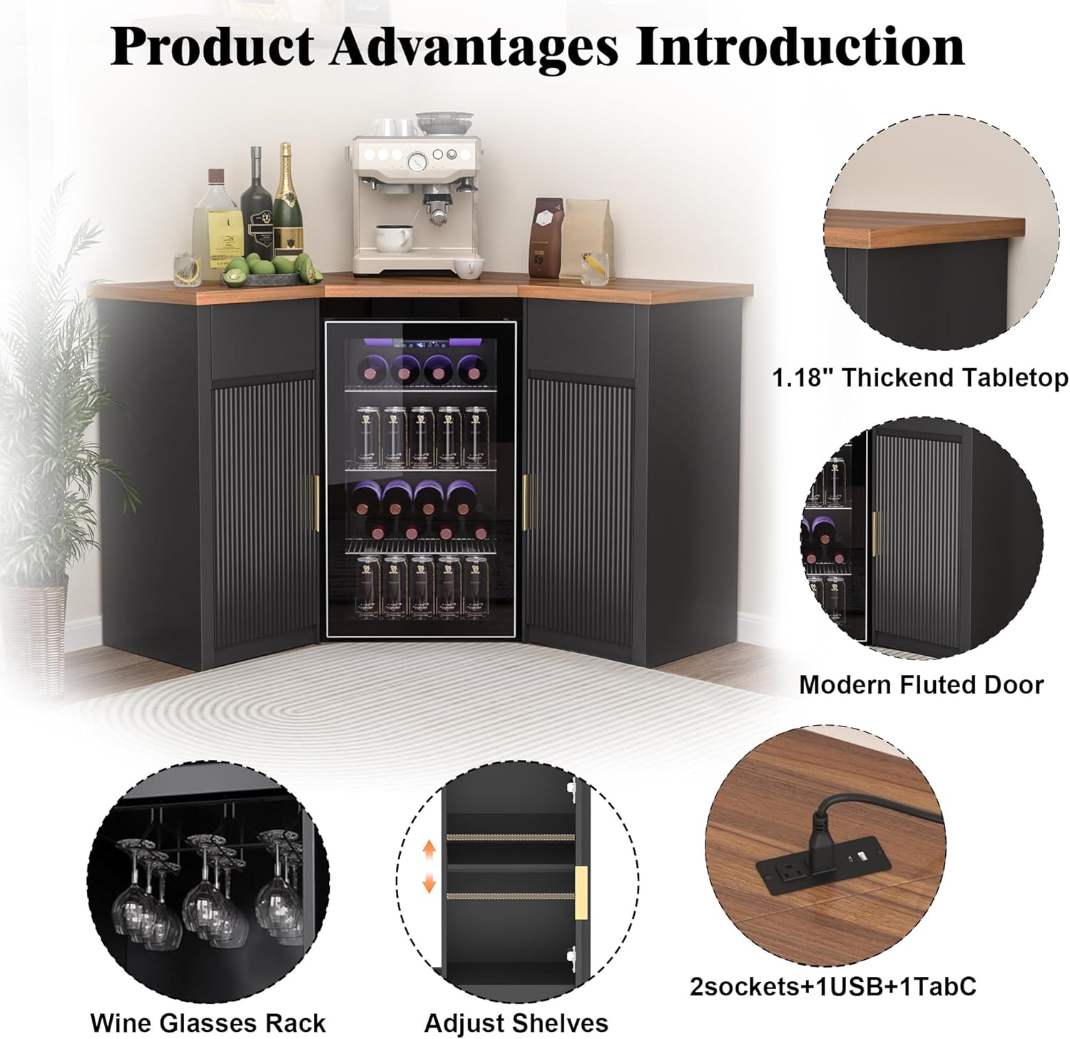 GDLF Corner Coffee Bar with Fridge Space, L Shaped Liquor Cabinet,Black | L-Shaped Countertop, Wine Glass Rack, Adjustable Shelves, Drawer Storage, Power Outlet, Coffee Station for Home & Kitchen