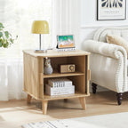 Nightstands Set of 2, 24 Inch Mid-Century Fluted End Table with Charging Station, Farmhouse Wood Side Table with Storage & Sliding Door for Sofa, Couch, Bed (2XSquare, Natural)
