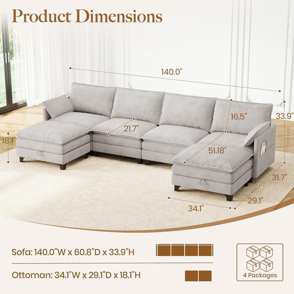 140" U-Shaped Modern Modular Sectional Couch, Chenille Cloud Couches with Storage Ottoman, Deep Seat Sofa with Side Pocket for Living Room, Bedroom and Apartment, Light Grey
