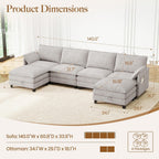 140" U-Shaped Modern Modular Sectional Couch, Chenille Cloud Couches with Storage Ottoman, Deep Seat Sofa with Side Pocket for Living Room, Bedroom and Apartment, Light Grey