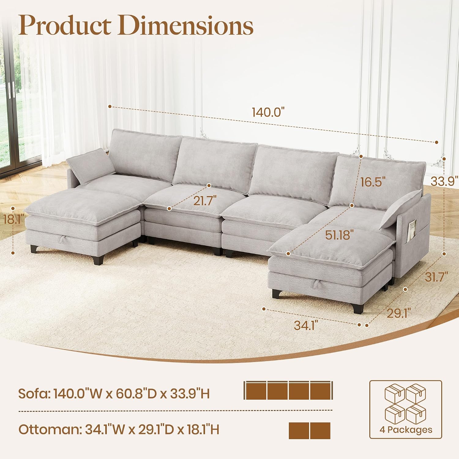 140" U-Shaped Modern Modular Sectional Couch, Chenille Cloud Couches with Storage Ottoman, Deep Seat Sofa with Side Pocket for Living Room, Bedroom and Apartment, Light Grey