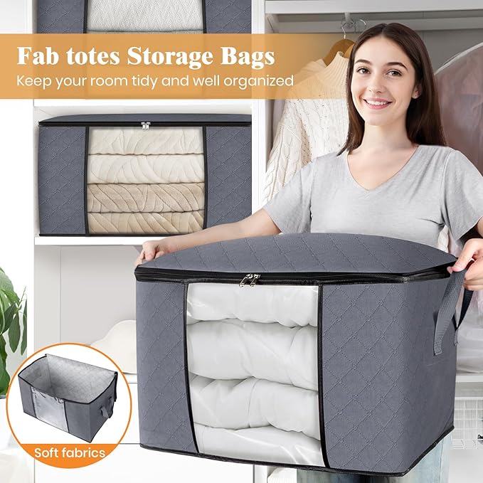 Fab totes 90L Clothes Storage, Foldable Thick Fabric Blanket Storage Bags, Containers for Organizing Bedroom, Closet, Clothing, Comforter, Organization with Handle (3 Pack,Grey)