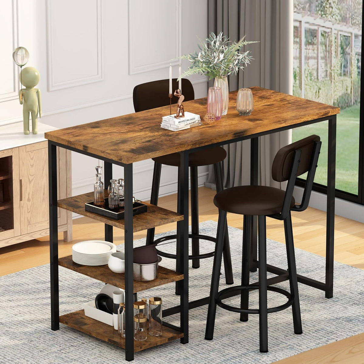 Recaceik Pub Dining Table Set for 2, Table and Bar Stools with 3 Storage Shelves, MDF Board & PU Leather Backrest Chairs, 3 Piece Dining Set for Small Space, Apartment, Kitchen Island, Brown