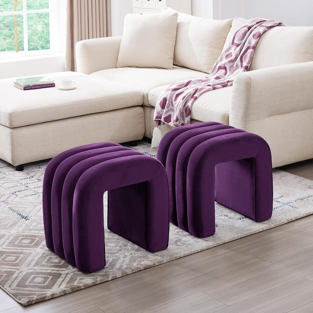 ONEVOG Velvet Pouf Ottomans, Small Ottoman Foot Rest for Couch, 18 Inch Cute Vanity Chairs for Makeup, Living Room Decorative, Sturdy Frame, Upholstered Modern Footrest for Bedroom, Dorm, Purple, 2Pcs