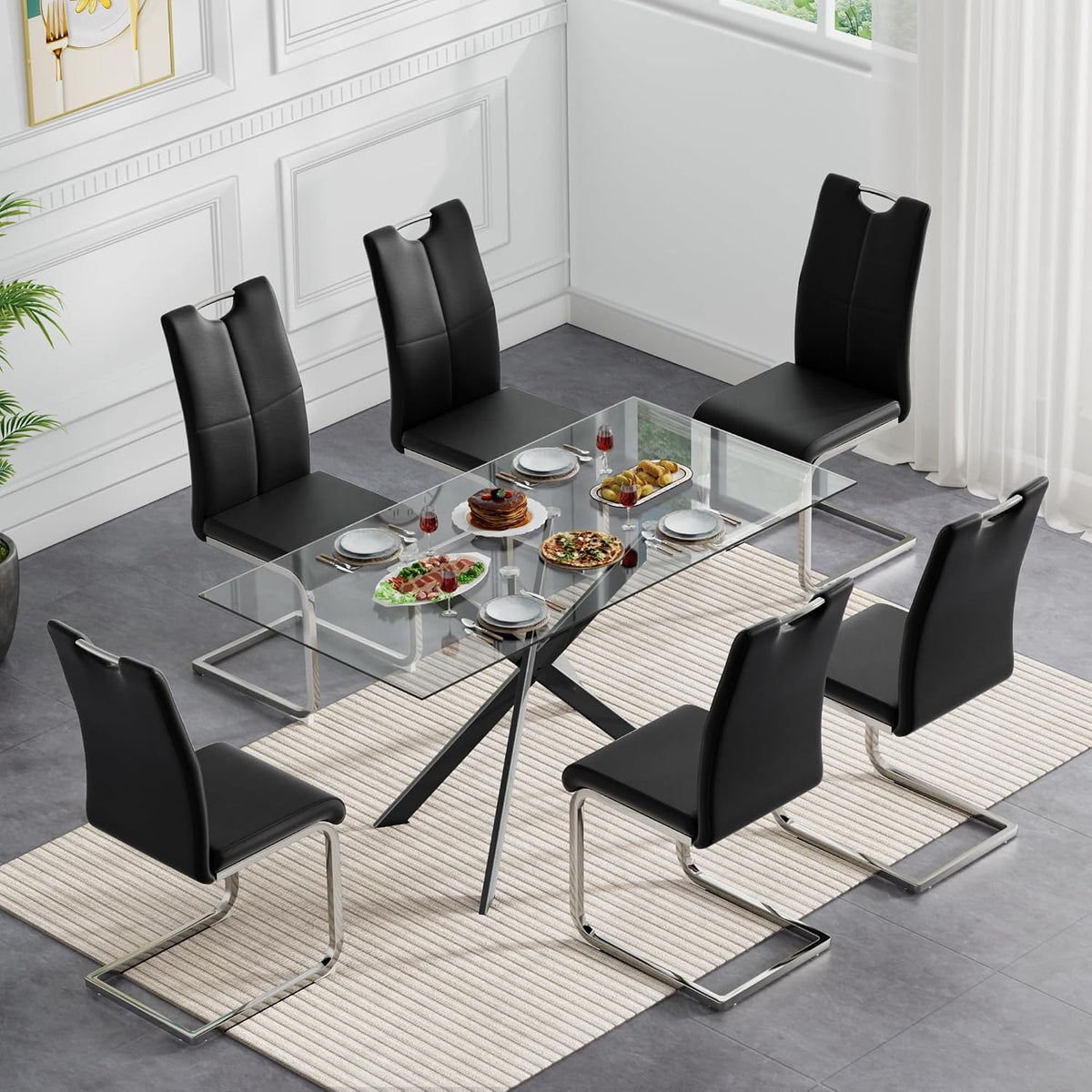 Modern Dining Table for 4-6 People, 51" Rectangle Dining Room Table with Black Chrome Metal X-Legs, Rectangular Tempered Glass Dining Table, Kitchen Dining Room Tables Luxury Dinner Table