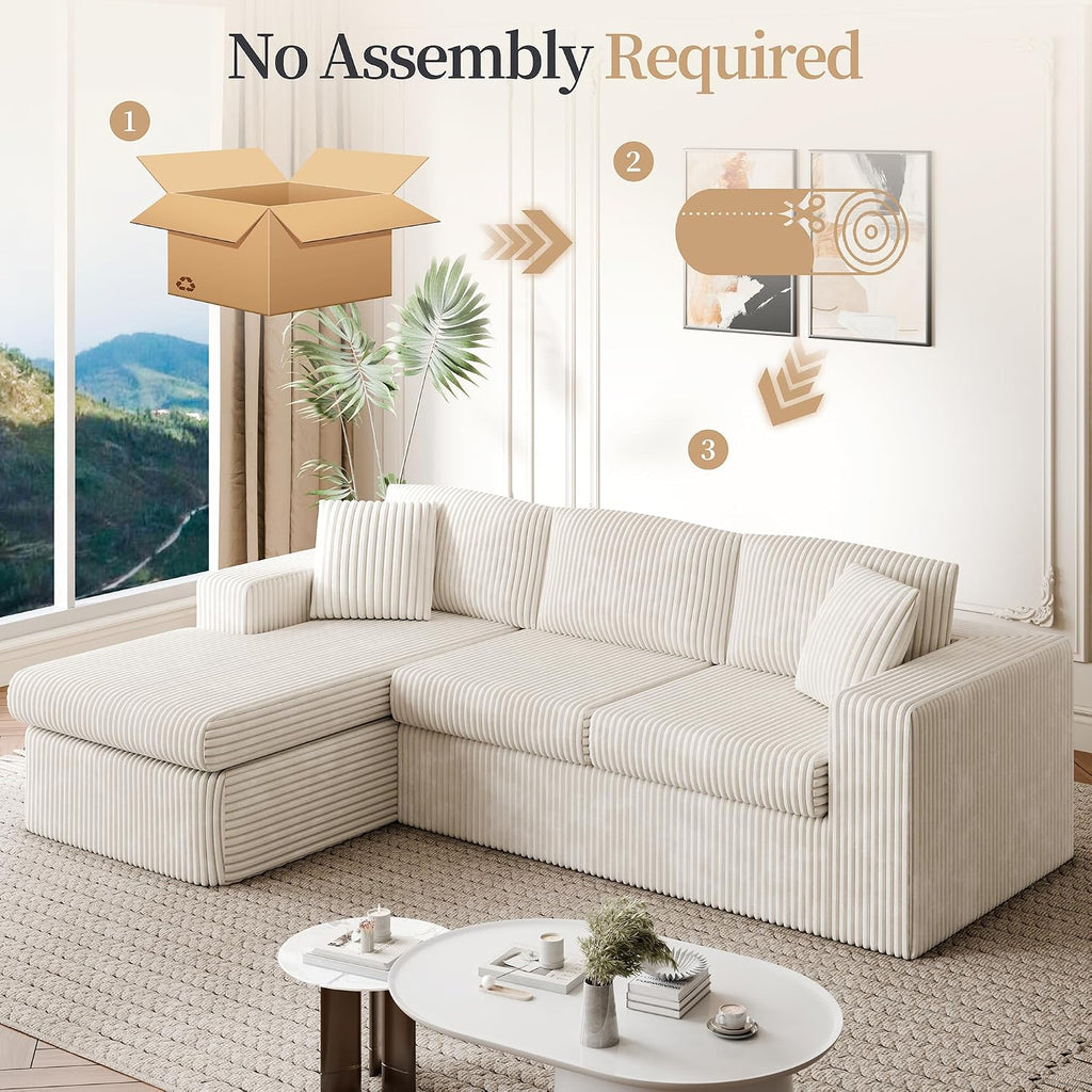 Vongrasig 105" Couches for Living Room, Sectional Couches Modular Sofa with L-Shaped Chaise, Memory Foam Comfy Cloud Couch with Plush Corduroy Fabric, No Assembly Required, (Beige)