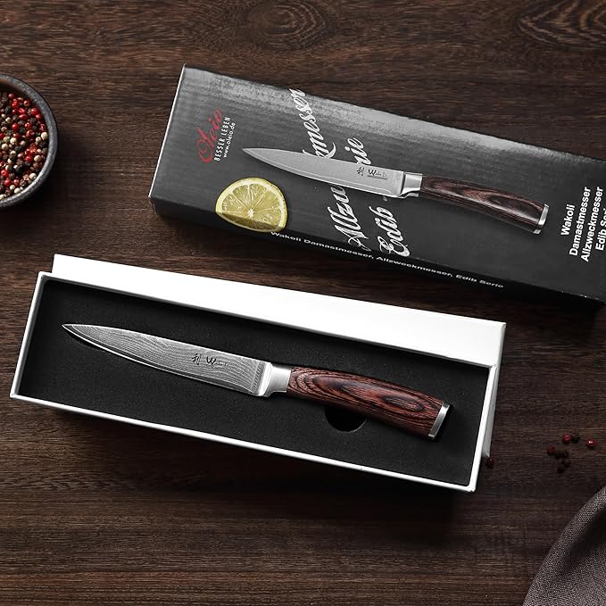Wakoli EDIB Damascus Utility Knife 4.7-inch - 67-Layer VG10 Core Steel, Razor Sharp Blade with Pakkawood Handle for Kitchen & Everyday Use - Gift Box