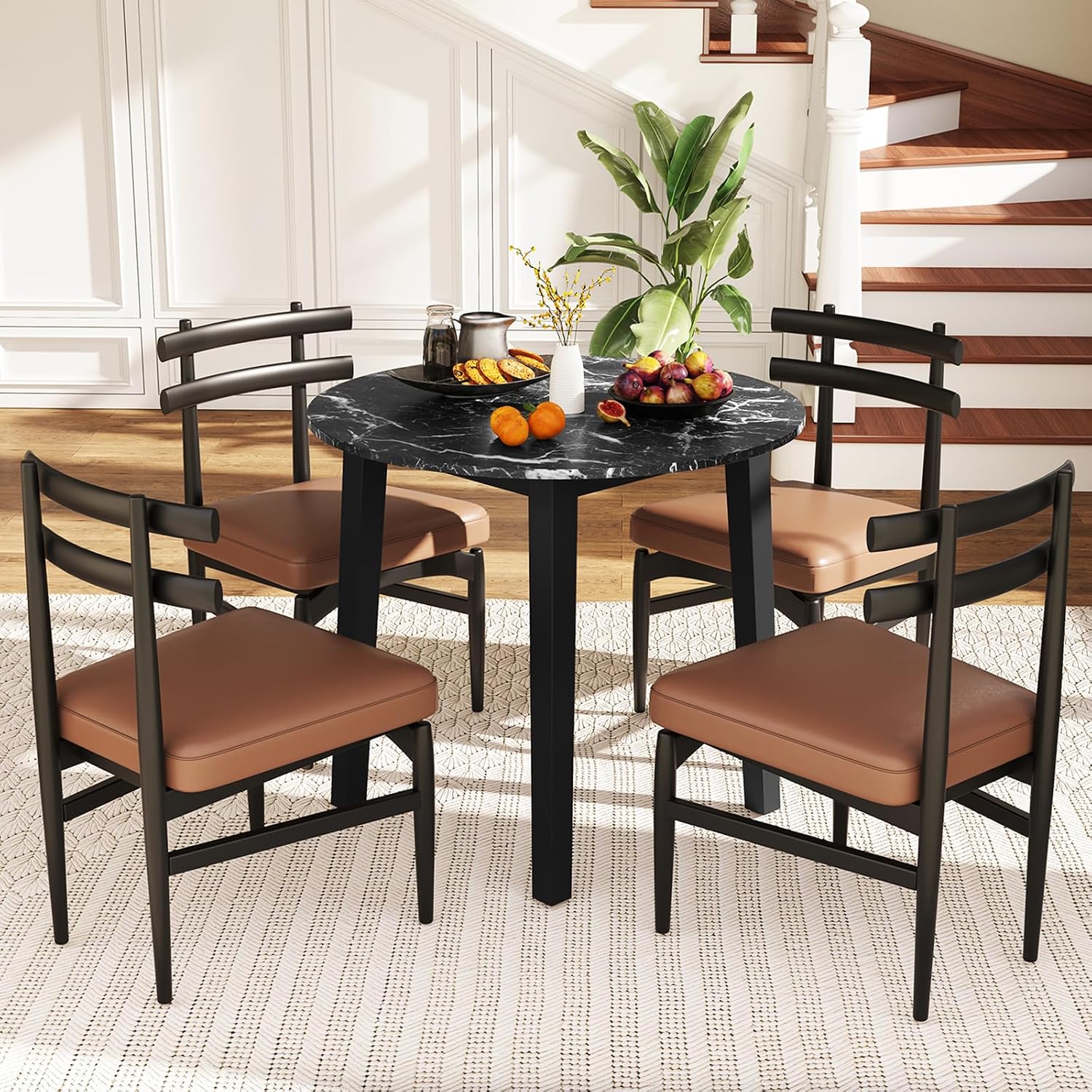 Giantex 35” Round Dining Table with Rubber Wood Legs, Marble-Textured Veneer Tabletop, Leisure Kitchen Table for 2 to 4 Person, Dinette, Living Room, Black