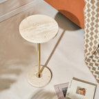 Premium Small Round Natural Marble Pedestal Side Table, End Table, Mini Drink Table with Upgraded Weighted Marble Base, for Livingroom, Bedroom, Bathroom, Balcony, Small Spaces (Beige Travertine)