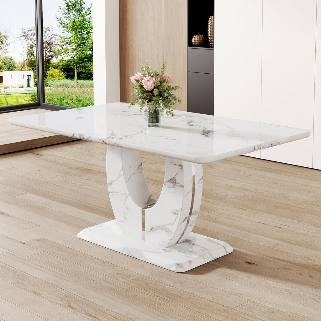 JUFU 63" Faux Marble Dining Table for 4-6 People, Modern Rectangular Kitchen & Dining Room Table, White Marble-Look MDF Tabletop with U-Shaped Pedestal Base, Easy Assembly Dining Table