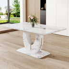 JUFU 63" Faux Marble Dining Table for 4-6 People, Modern Rectangular Kitchen & Dining Room Table, White Marble-Look MDF Tabletop with U-Shaped Pedestal Base, Easy Assembly Dining Table