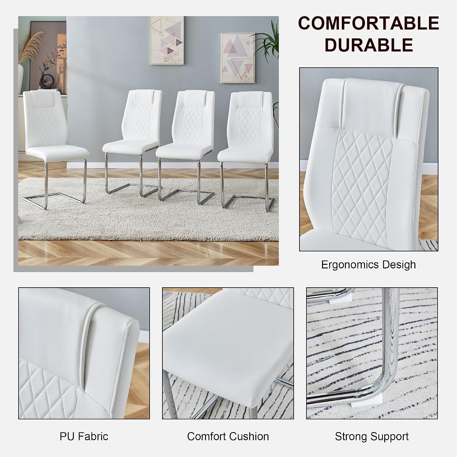 Marble Dining Table Set for 6,63" Kitchen Table Set of 6,Rectangle Dining Room Table Set with Silver Chrome Legs,Tempered Glass Dining Table Set with White Faux Leather Chairs for Dining Room