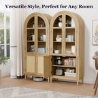 71" Tall Arched Cabinet with Glass Doors, Kitchen Pantry Storage Cabinet with Dust-Proof Rattan, 5-Tier Curio China Cabinet with Adjustable Shelves for Living Room Dining Room, Oak