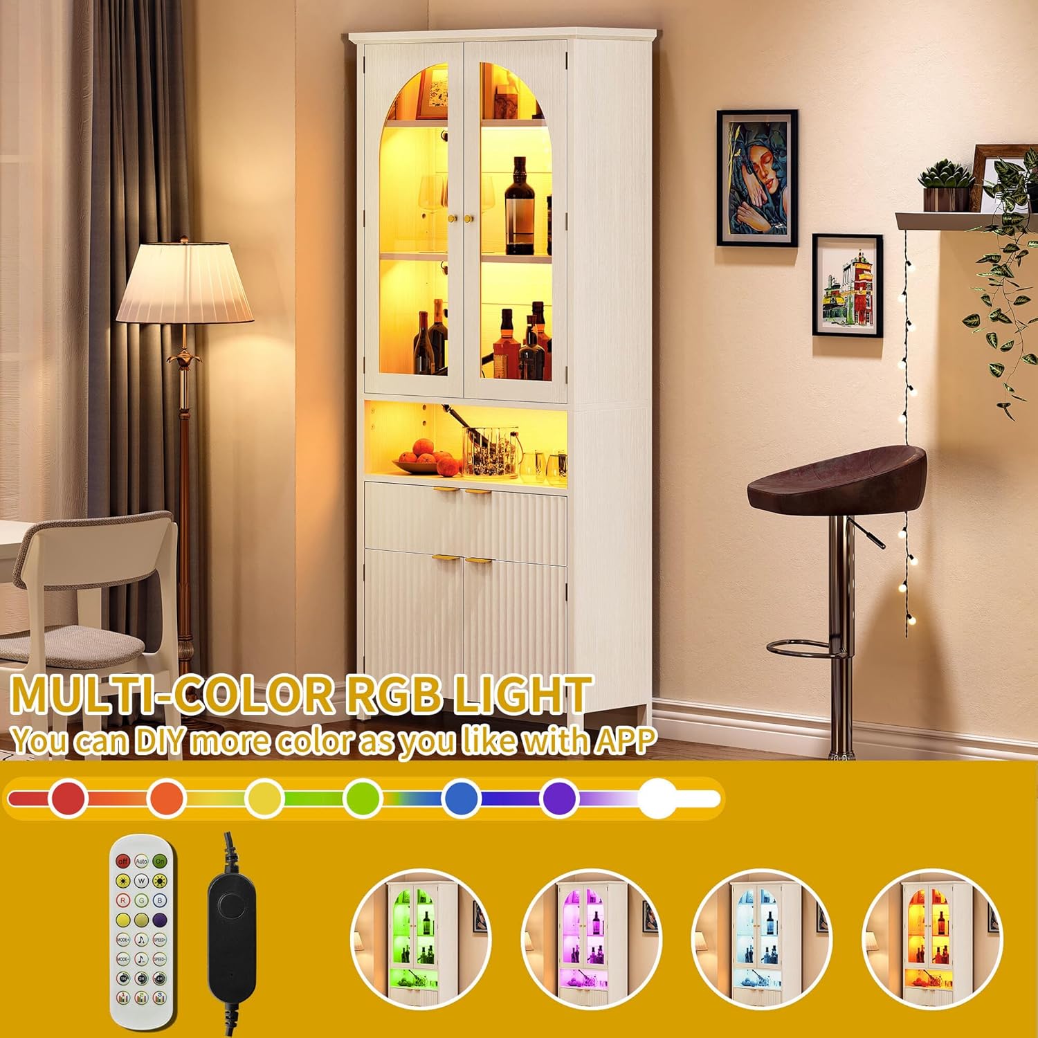 DWVO 72" Tall Kitchen Pantry Cabinet with LED Light, Fluted Storage Cabinet with Drawer and Arched Glass Doors, Adjustable Shelves, Tall Kitchen Cabinets for Living Room, Dinning Room, White