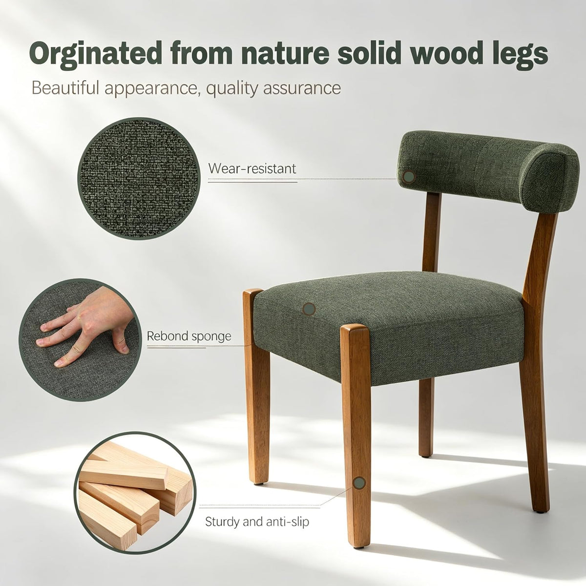 RNKSFX Upholstered Green Dining Chairs Set of 6, Walnut Wooden Kitchen & Dining Room Chairs, Mid Century Modern Fabric Farmhouse Dining Chairs Oversized Sturdy Rounded Chairs Curved Back
