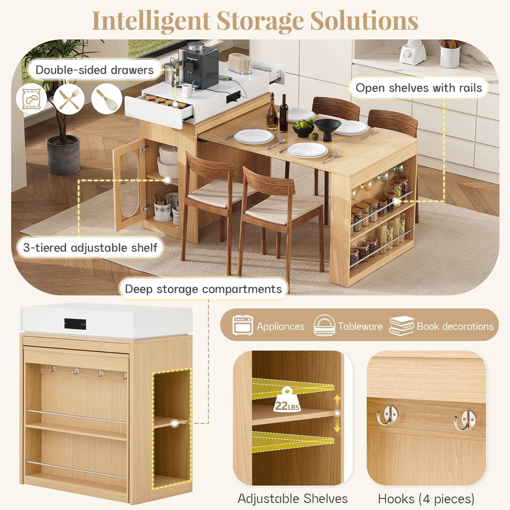 Extendable Dining Table with Storage, Transformer Console Table for 1-4 People, Mobile Rolling Island Table Space Saving Dining Room Table with Built-in Outlet for Homes, Apartments, Natural