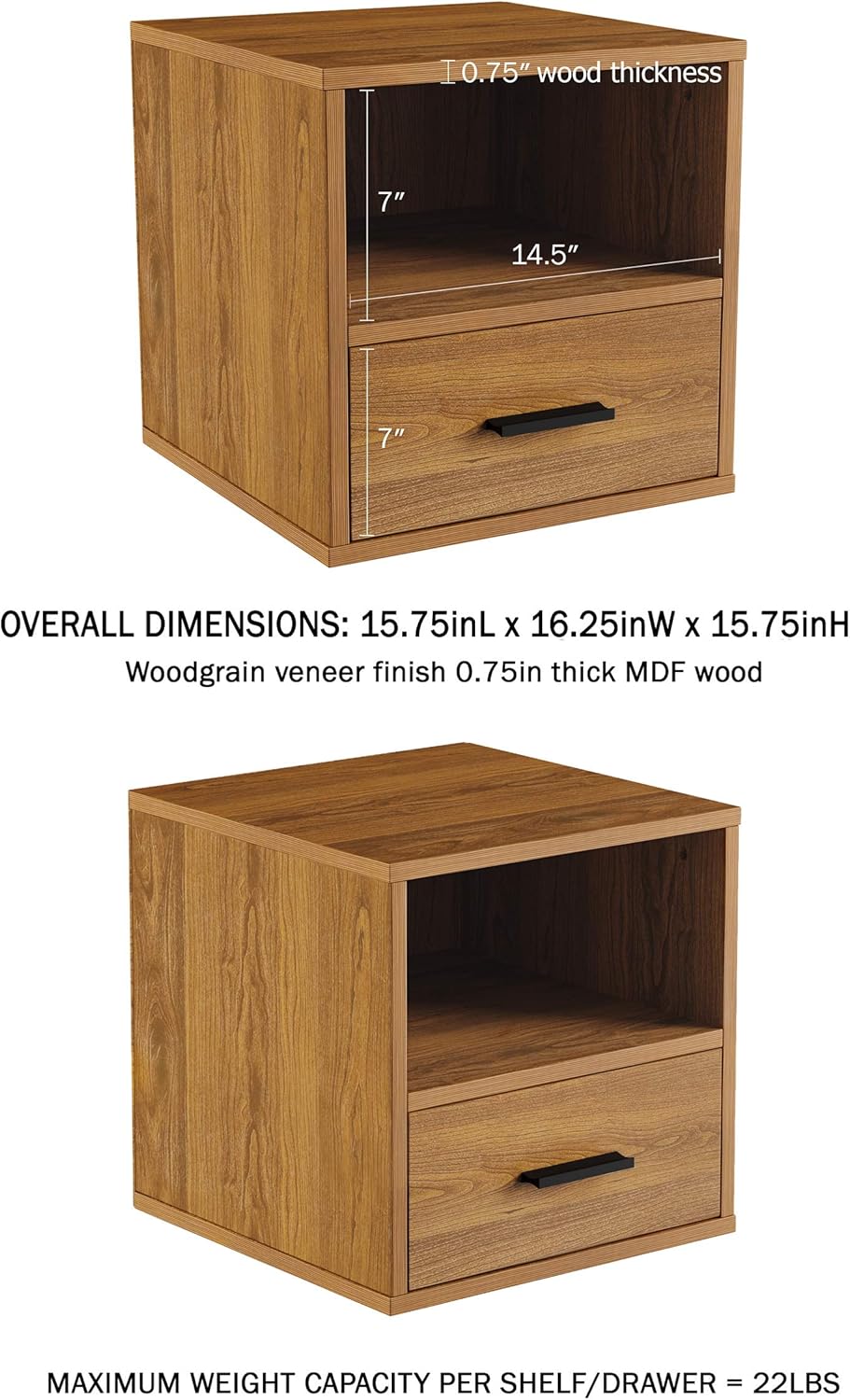 Lavish Home Side Table with Storage - Set of 2 Minimalist Modern Nightstand or End Table with Drawer - Stackable Modular Accent Furniture for Bedroom, Living Room, or Office (Brown Woodgrain)