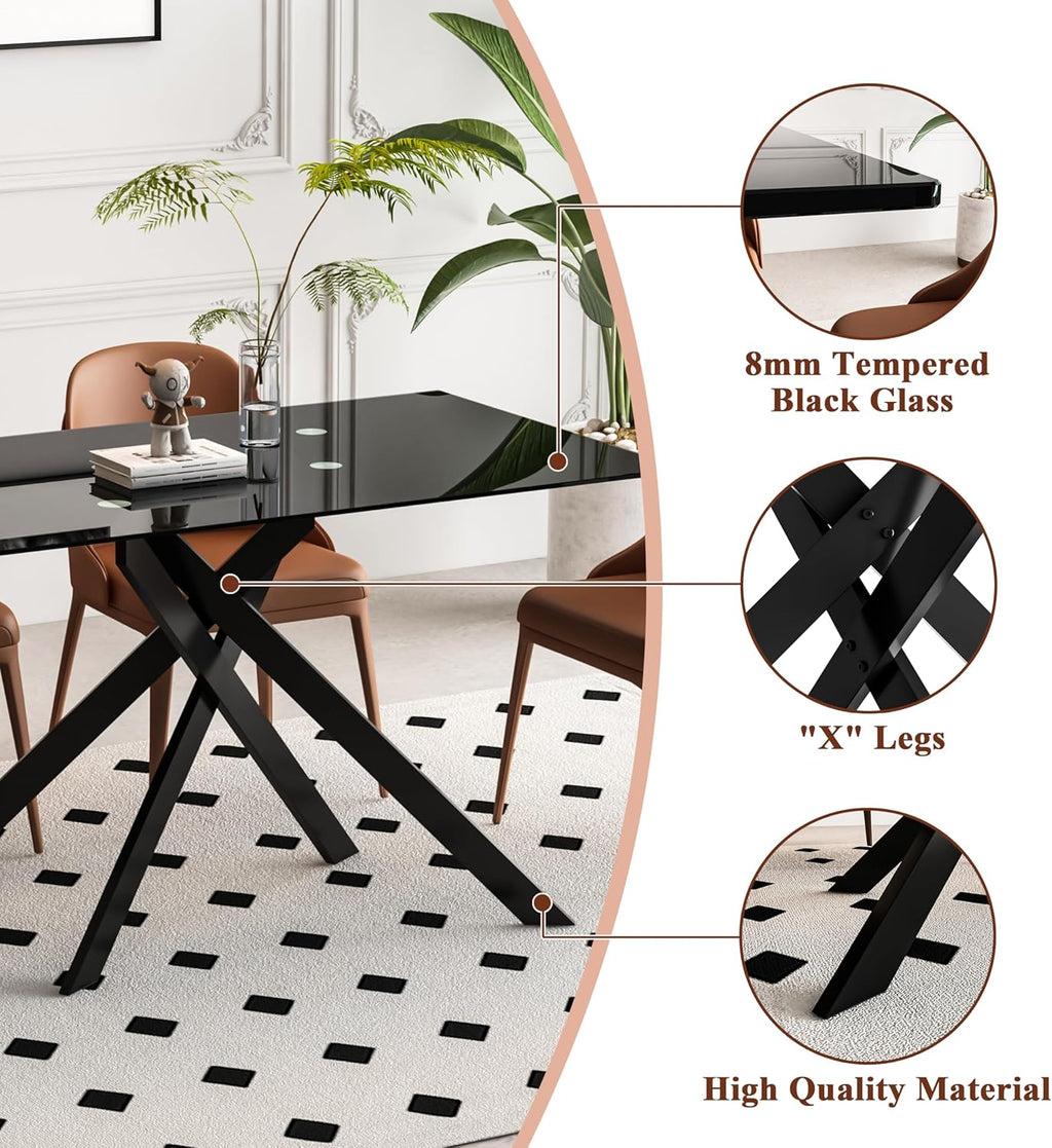 Modern Black Glass Dining Table Set for 6, Glass Kitchen Table and Chairs Set of 6, 7 Piece Dining Table Set with 51" Rectangle Dinner Tables and 6 PU Leather Dining Chairs