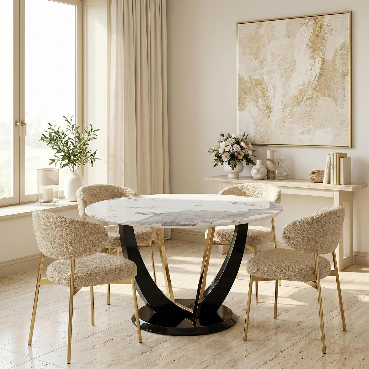 48 Inch Round Dining Table for 4-6, Modern Circle Dining Table with Black & Gold Metal Pedestal Base, Faux Marble Round Kitchen Table, 300 LBS Capacity
