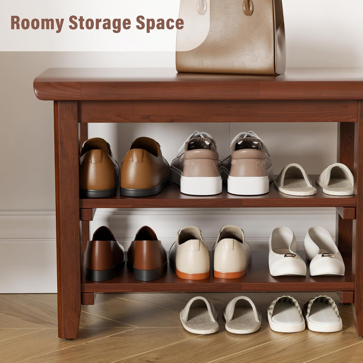 Shoe Rack Bench Mid Century Modern 2-Tier Shoe Rack Organizer for Entryway Hallway or Living Room Farmhouse Rustic Wooden Seat Bench Brown 11.8" Dx47.2 Wx16.5 H