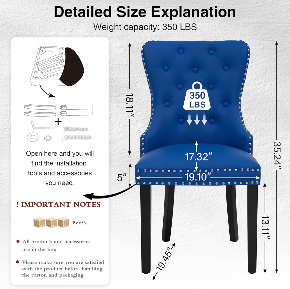 adochr PU Leather Dining Chairs Set of 6, Tufted Upholstered Dining Room Chair with Pull Ring and Solid Wood Legs, Blue