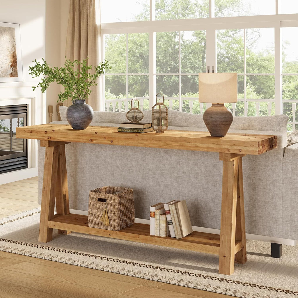 70.9-Inch Solid Wood Console Table for Entryway, Farmhouse Long Sofa Table with Shelves for Living Room, Hallway, Foyer, Easy Assembly