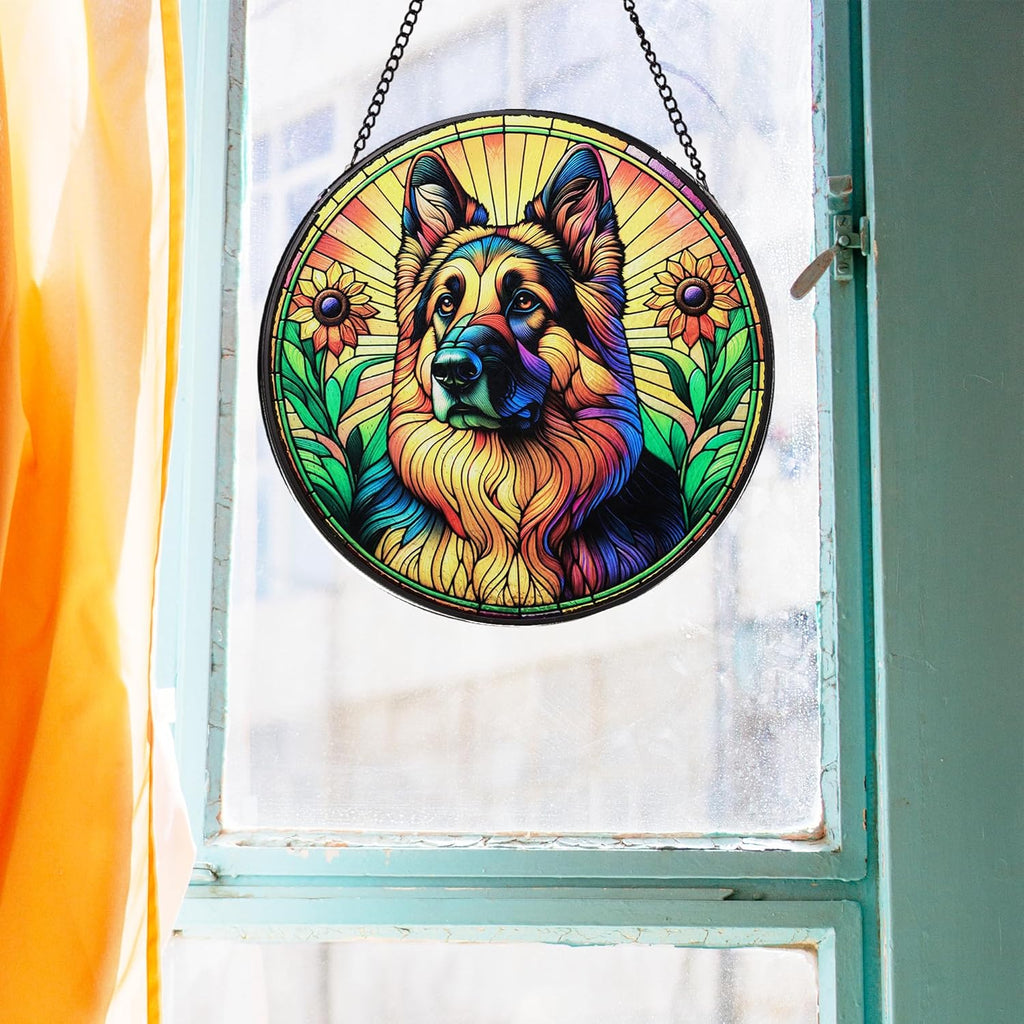 Stained Glass Dog Memorial Suncatcher,German Shepherd Window Hanging,Sympathy Gifts for Pet Loss,7.9 inch/20 cm Home and Garden Decor for Dog Lovers (German Shepherd)