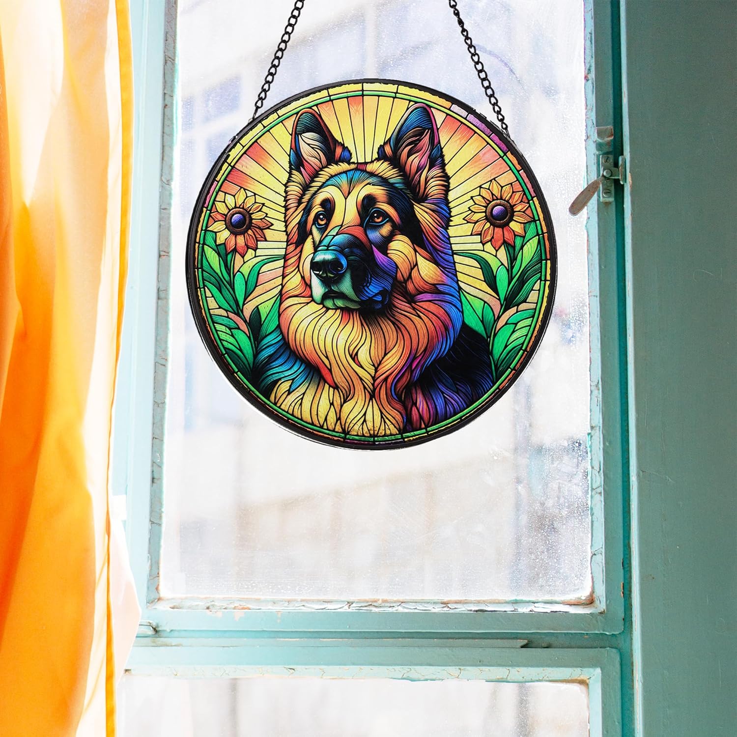 Stained Glass Dog Memorial Suncatcher,German Shepherd Window Hanging,Sympathy Gifts for Pet Loss,7.9 inch/20 cm Home and Garden Decor for Dog Lovers (German Shepherd)