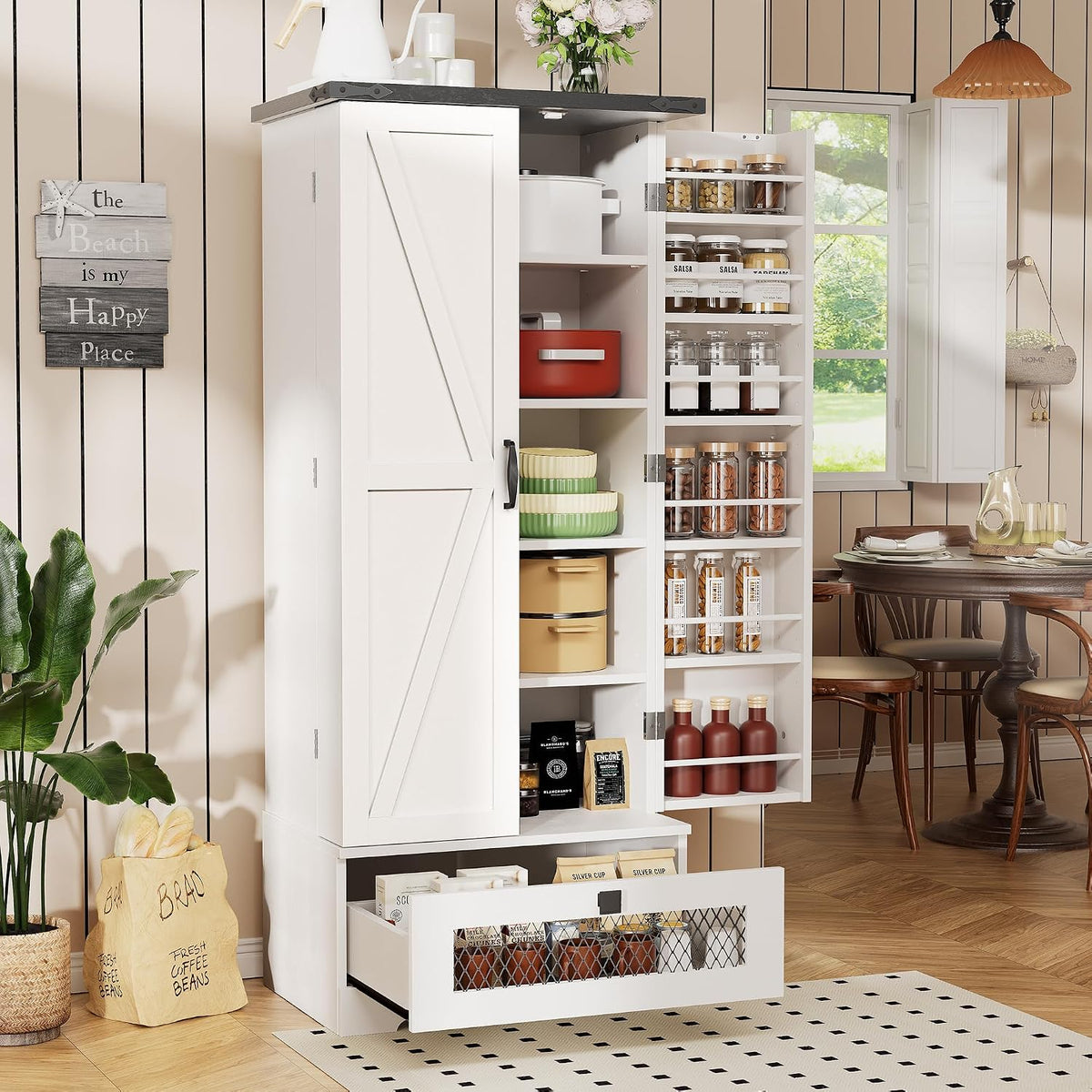 kepptory 55" Pantry Storage Cabinet with Adjustable Shelvesand Drawer, Buffet Cupboard for Kitchen