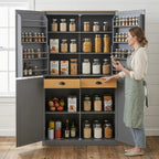 Litex 40.2" Wide Kitchen Pantry Cabinet, 71.3" Tall Freestanding Storage Cabinet with 2 Drawers, Adjustable Shelves & 8 Door Shelves, Large Farmhouse Kitchen Cupboard for Kitchen Dining Room (Gray)