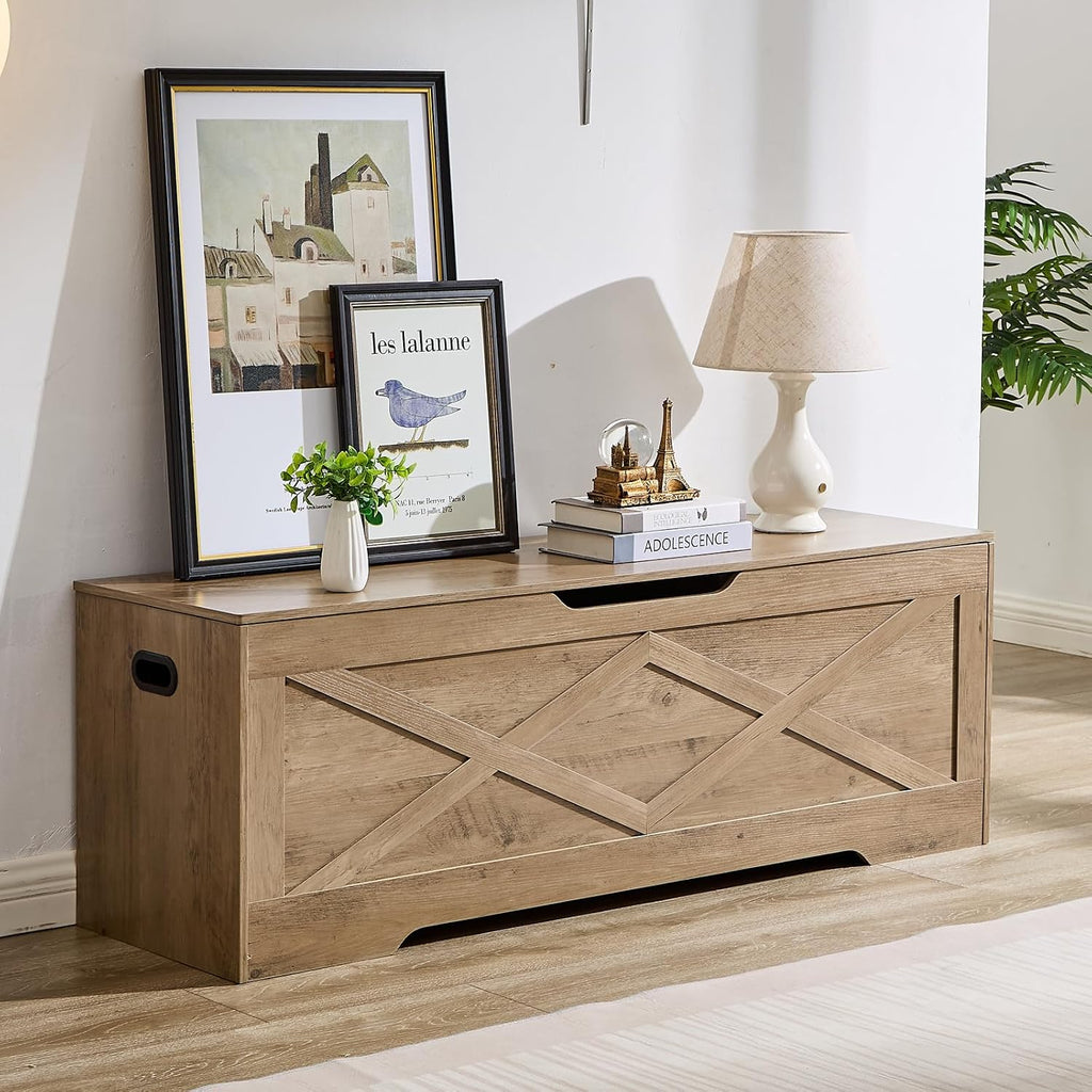 55.1" Storage Bench,Storage Chest for Entryway, Mudroom & Bedroom | 55.1L”x15.7W”x19.1H” Wooden Storage Bench,Storage Trunk with 2 Safety Hinges,Supports 220 lb,Easy Assembly,(Greige).