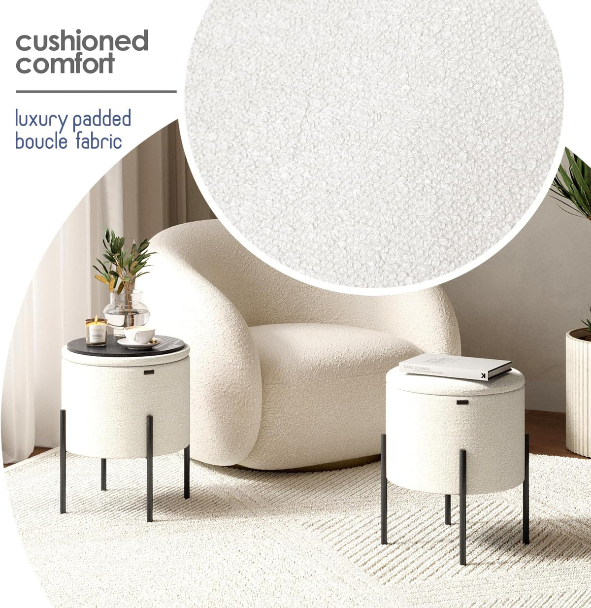 Round Ottoman with Storage, Boucle Storage Ottoman, Foot Stool Ottoman, Makeup Vanity Stool, Small Ottomans Foot Rest, Modern Ottomans for Living Room and Bedroom, Cream