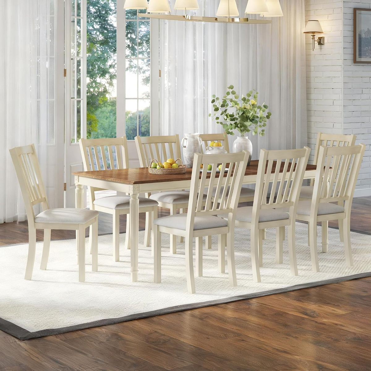 AMERLIFE 9 Piece Farmhouse Dining Table Set with 79" Table, Cream | Solid Rubberwood Frame, 8 Chairs Included, Farmhouse Design, Upholstered Seating, Rustic Cream Finish