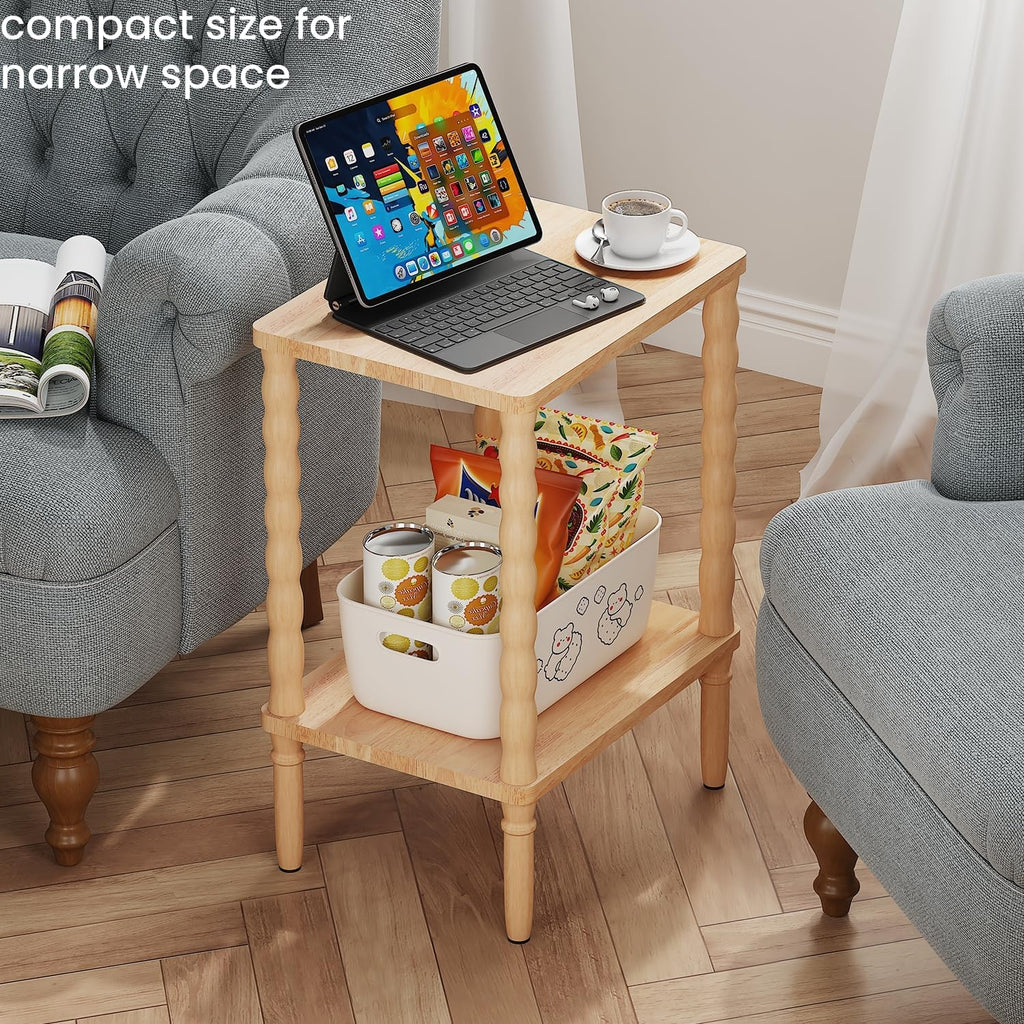 Solid Wood Side Table, Small Retro End Table, Narrow Couch Side Table with Storage Shelf, Skinny Bedside Table Nightstand for Small Space, Bedroom, Living Room, Farmhouse, No-Tool Assembly.
