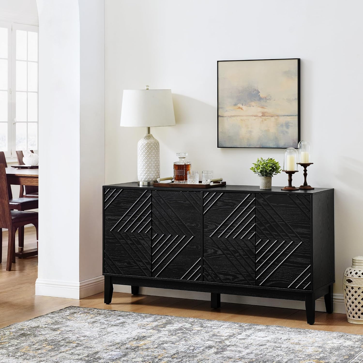 LKTART 60.5" Black Sideboard Buffet Cabinet,Modern Accent Credenza Storage Cabinet with 4 Doors, Media Console Table for Living Room Entryway