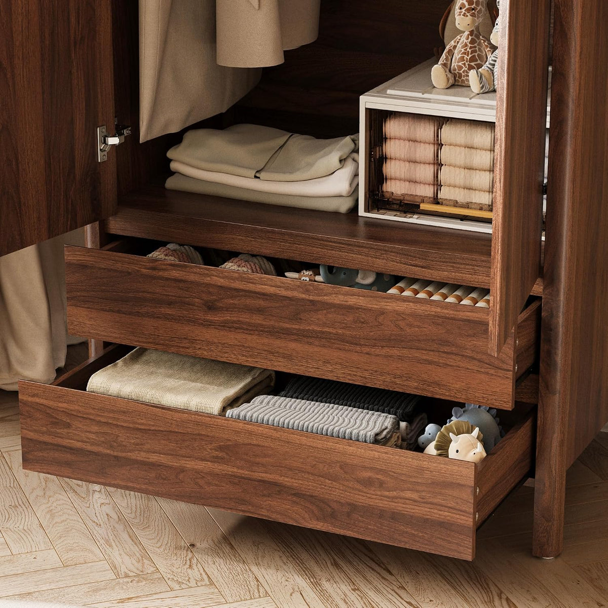MAISONARIA Wardrobe with 2 Doors and 2 Drawers, 70.9”H Modern Walnut Bedroom Armoire Closet with Hidden Handles, Freestanding Wooden Storage Cabinet for Clothes and Essentials