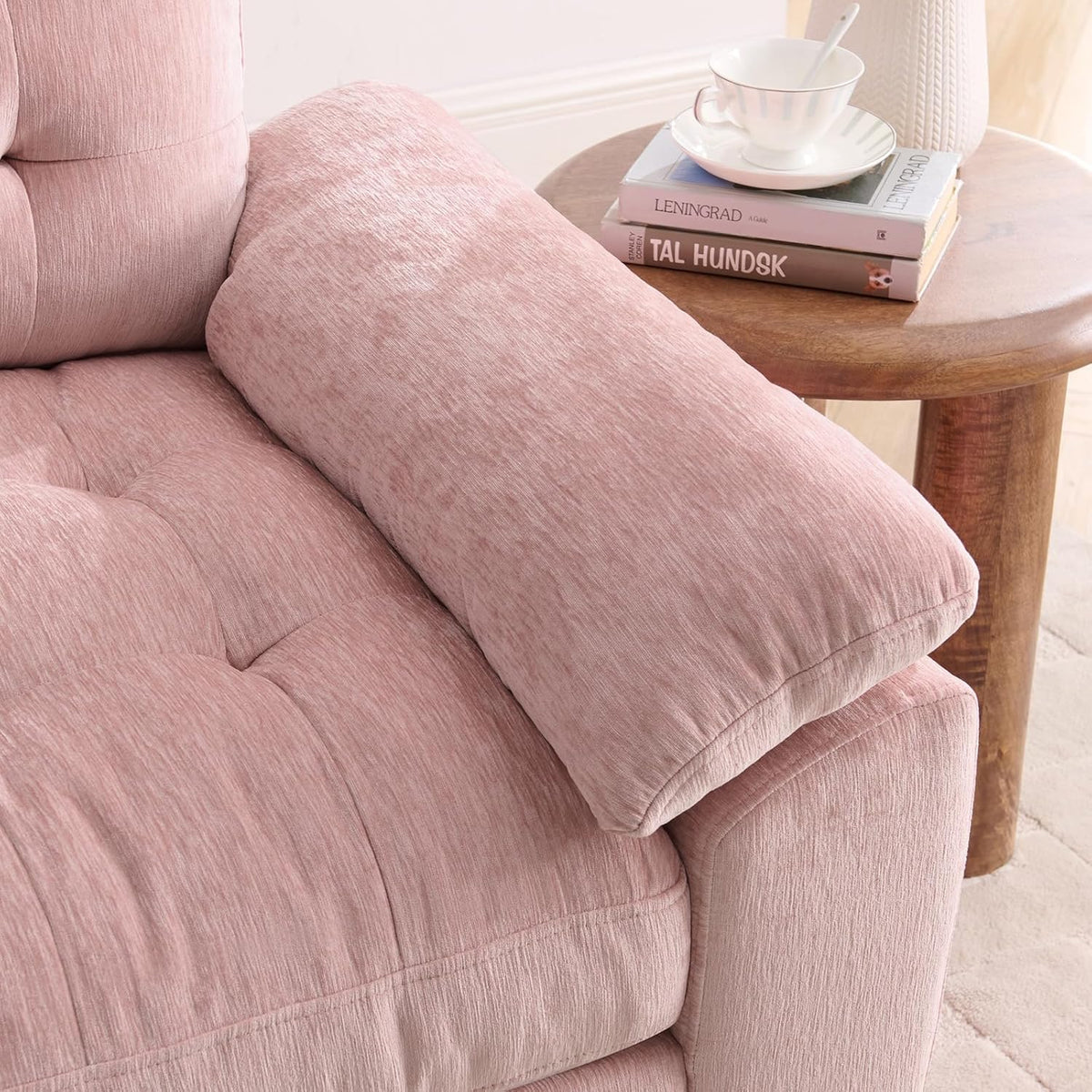Chaise Lounge Chair Indoor with Storage Ottoman, Comfy Chenille Tufted Loveseat Sofa Chair with USB & Phone Holder, Upholstered Adjustable Backrest Lounge Sofa Chair for Living Room, Bedroom, Pink