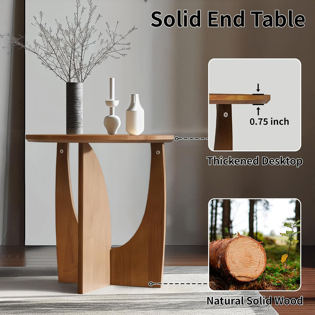 Round End Table, Solid Rubberwood Small Coffee Tables for Living Room, Mid Century Modern End Table for Bedroom, Walnut Color, 19.7''D x 19.7''H