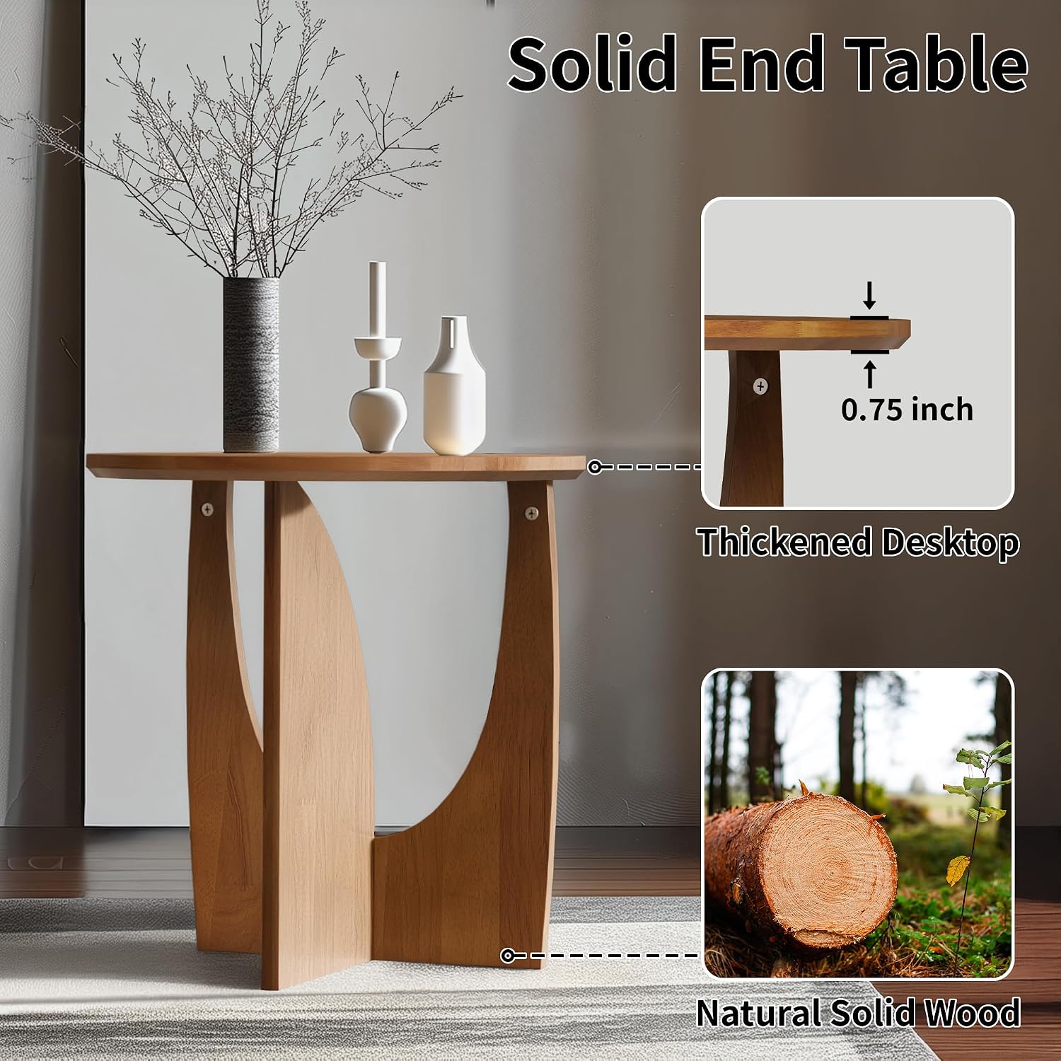 Round End Table, Solid Rubberwood Small Coffee Tables for Living Room, Mid Century Modern End Table for Bedroom, Walnut Color, 19.7''D x 19.7''H