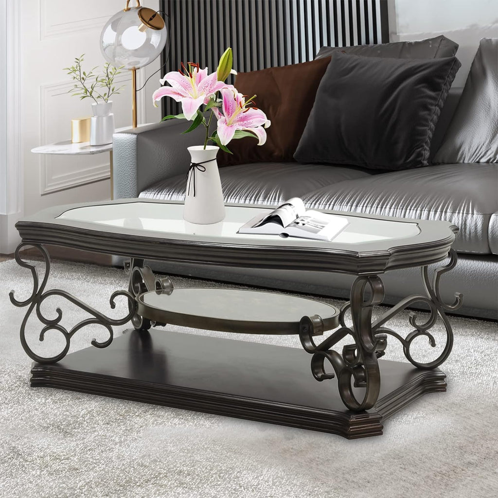 Henf 3 Piece Living Room Table Set, Retro Brown Coffee Table with 2 End Table, Coffee Table Set with Glass Top and Metal Frame for Home Office